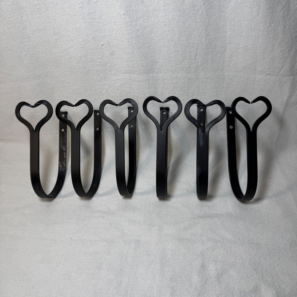 Set of 6 Heart Wrought Iron Wall Hooks Black Hand Forged Farmhouse Rustic 7 inch